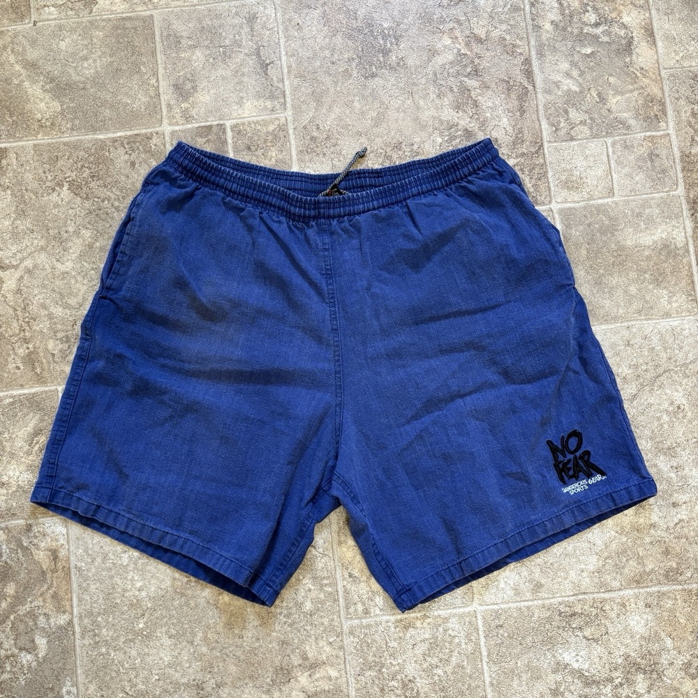 Vtg 90s No Fear Shorts Men's L Blue Casual Elastic Waist Drawstring Logo USA